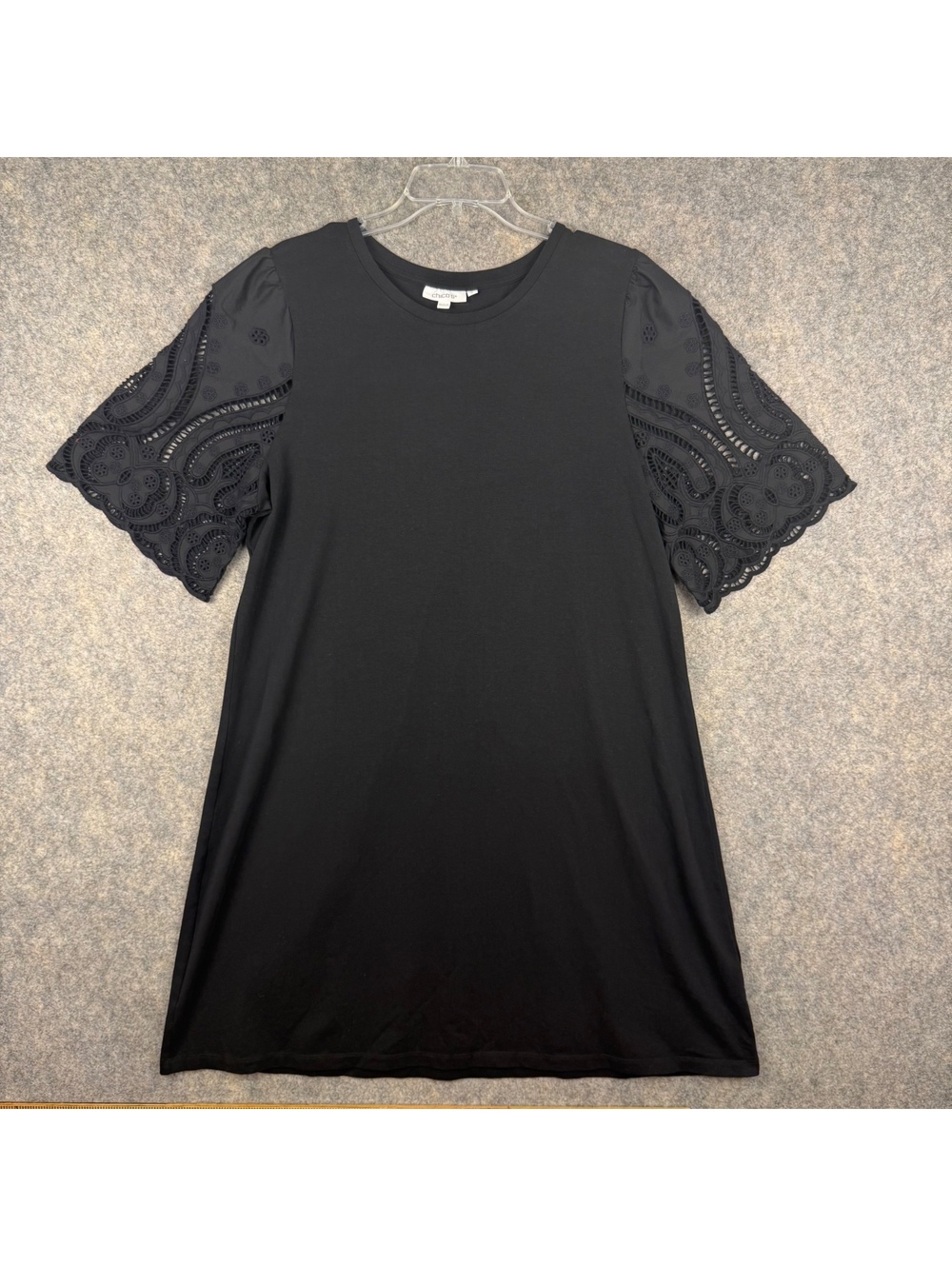 Chico’s Black Jersey Knit Knee Length Shift Dress Eyelet Lace Size 3 Size XL 704